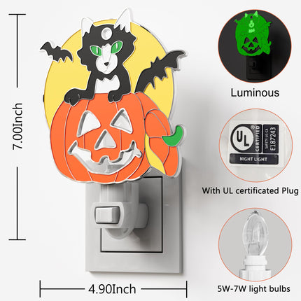 Halloween Black Cat Pumpkin Luminous Night Lights Plug into Wall, Fluorescence Metal Bright Plug in Nightlight, Halloween Christmas Valentine Holidays