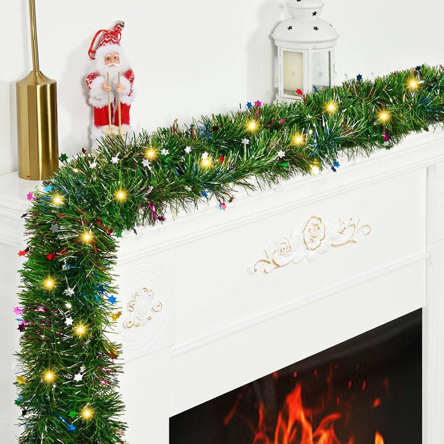 Christmas Garland Decorations-14.7 FT Christmas Garland with Lights, Fluffy Soft Tinsel Lighted Green Garland for Mantle, Christmas Tree Greenery Garland Decor Outdoor Indoor
