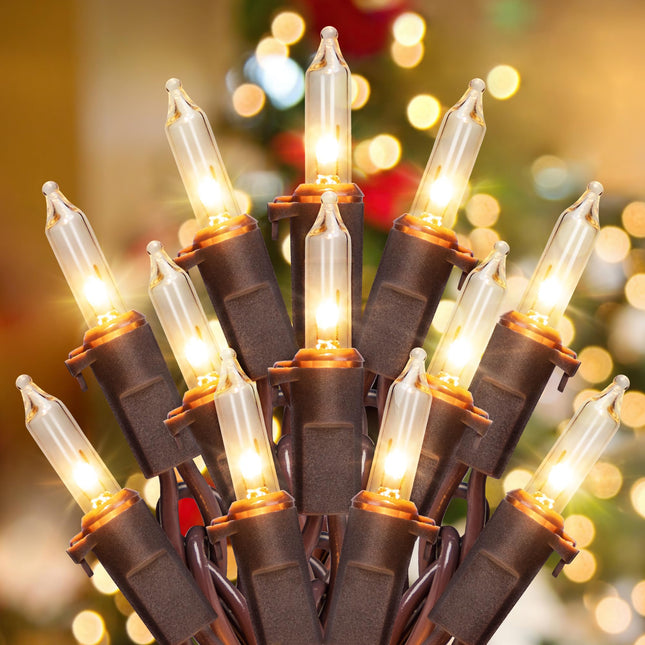 YOUNGAR 13FT 50 Clear Christmas Lights Outdoor, UL Approved Christmas Tree Lights with Brown Wire, Incandescent Mini Lights Plug in for Indoor Outdoor Tree Patio Garden Xmas Decor