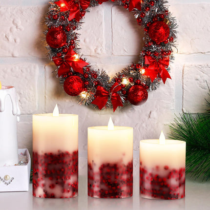 3 Pcs Christmas Flameless LED Candles Rowan Berries Embedded Real Wax Unscented Flicker Wick Pillar Candle Battery Operated Warm Light for Home Party Xmas Decoration