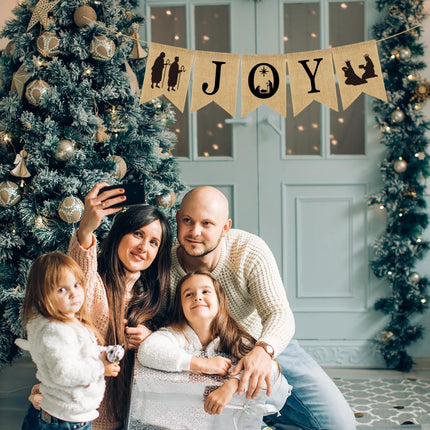 Doumeny Christmas Burlap Banner Nativity Joy Burlap Banner Nativity Scenes Bunting Banner Xmas Holiday Banner Garland Rustic Merry Christmas Hanging Banner for Year Party Home Mantel Fireplace