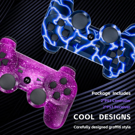 PS3 Controller 2 Pack Wireless Motion Sense Dual Vibration Upgraded Gaming Controller for Sony Play Station 3 with Charging Cord (Blue+Purple)