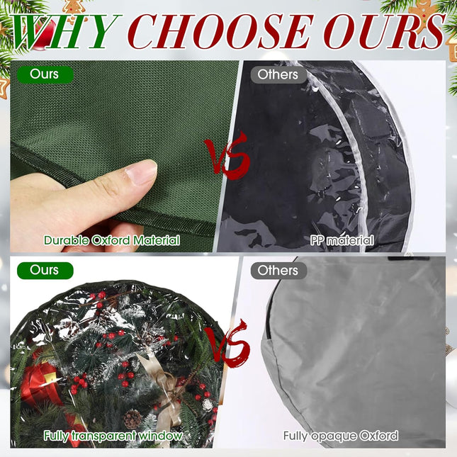 4 Pack Christmas Wreath Storage Container Wreath Storage Box with Clear Window and Handles Oxford Cloth Garland Storage Bags with Dual Zipper for Xmas Wreath wrapping(Green,30 Inch)