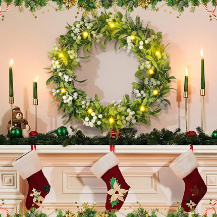 Dingion 16 Inch Flocked Olive Christmas Wreath with Lights Pre-Lit Artificial Christmas Wreath for Front Door Snowy Olive Garland Battery Operated Door Wreath for Fireplace Indoor Outdoor Wall Window