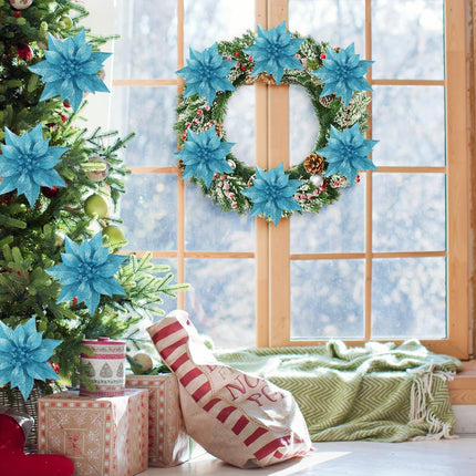 12 Pcs Artificial Christmas Flowers Lake Blue Christmas Ornaments for Tree Decoration with Clips Stems Fake Poinsettias Flowers for Xmas Holiday Wedding Party Wreath DIY