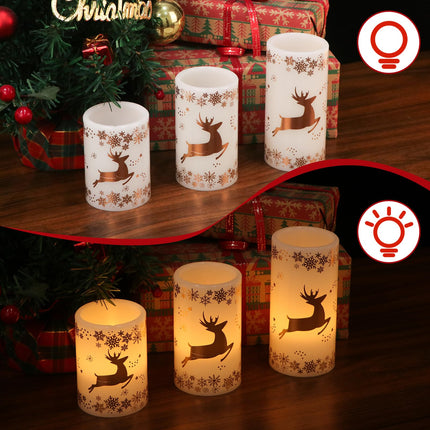 Eldnacele Christmas Flickering Flameless Candles with 6 Hour Timer, Gold Deer Decal Battery Operated Real Wax LED Pillar Candles Home Tabletop Holiday Decor(3Pcs,3×4/5/6 Inches)