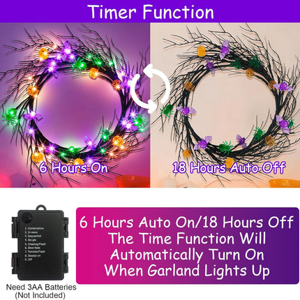 [Timer & 8 Modes] 6Ft 57 LED Halloween Willow Vine Twig Halloween Garland with 6 Orange Pumpkins & 6 Purple Bats & 6 Green Light Spider Waterproof Battery Operated Halloween Light Mantel Wall Decor