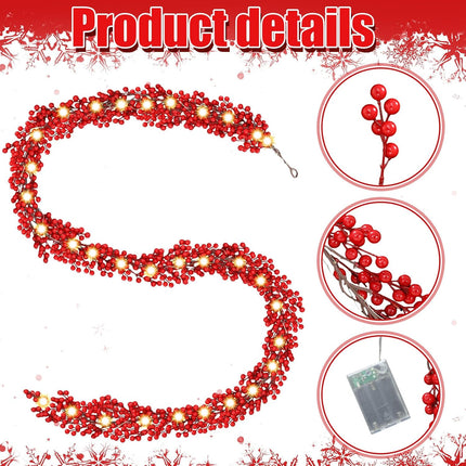 Crowye 1 Pcs 9 Ft Pre Lit Red Berry Christmas Garland with Lights Pip Berry Garland Battery Operated Vine Lights Xmas String Lights Christmas Lighted Garland Decor for Home Mantle Party Decoration