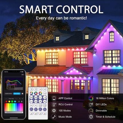 Permanent Outdoor Lights Christmas Halloween 40ft Smart RGB IC Outdoor Eaves Lights IP65 Waterproof Rainbow House Forever Light with DIY Scene Mode Music Sync for Year, Party, Holiday