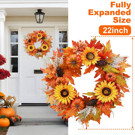 Consevisen Fall Wreaths for Front Door, 22 Inch Artificial Sunflowers Pumpkin Wreath with Maple Leaves Berries Pine Cones Autumn Wreath for Thanksgiving Farmhouse Harvest Halloween Porch Home Decor