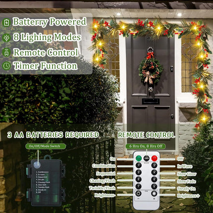 Ceenna 2 Pcs Prelit Christmas Garland with Globe Lights, 12 ft 20 Led Lighted Pine Cone Holly Berry Garland Battery Operated with 8 Modes Timer Remote for Home Fireplace Holiday Decorations (Red)