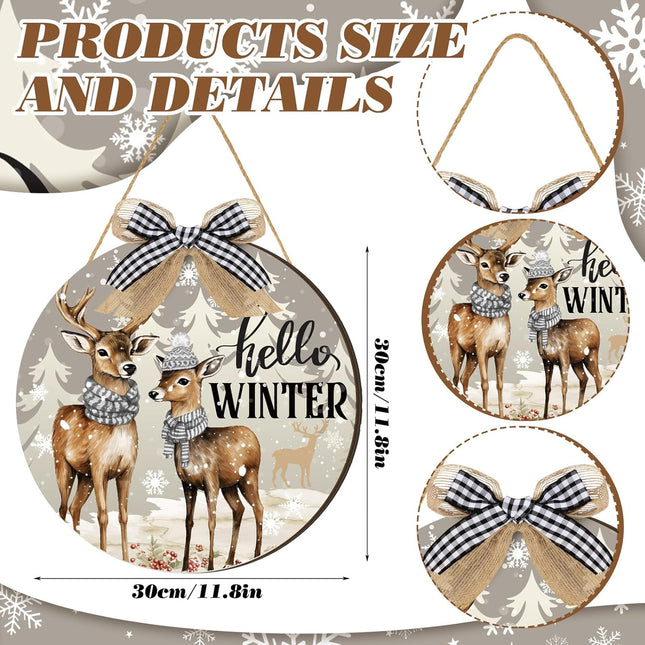 Hello Winter Door Sign Christmas Snowflake Welcome Sign Winter Door Decor Wooden Wall Hanger with Bow Wreath for Forest Wonderland Front Porch Yard Indoor Outdoor Decorations(Reindeer)
