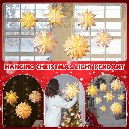 6 Set 19.69 in 3D Christmas Paper Snowflake Lantern with 8 Mode LED String Light with Remote Out Hollow Paper Snowflake Lantern Xmas Hanging Pendant Lampshade Frozen Party Hanging Decor