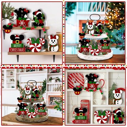 Christmas Tiered Tray Decor, Cartoon Mouse Tray Decorations, Snowman Candy Wooden Signs Wood Bead Garland, Farmhouse Rustic Winter Merry Xmas Decorations for Home Table Shelf Party Holiday 6PCs
