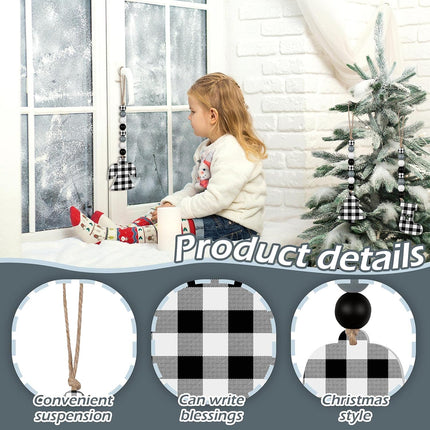 8 Pieces Christmas Tree Ornaments Christmas Buffalo Plaid Hanging Ornaments Wood Bead Garland with Fawn Snowman Angel Bell for Xmas Home Party Decorations(White, Black)
