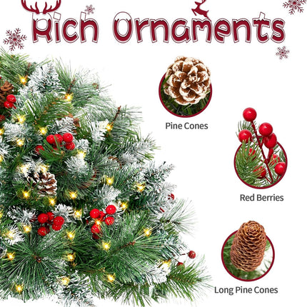 Outdoor Christmas Tree Frosted Urn Filler 2 Set, Pre-lit Artificial Flocked Xmas Tree with Cones & Red Berries, Small Christmas Tree with 70 Warm Lights
