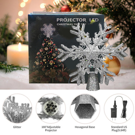 Christmas Tree Topper Lighted with Silver Snowflake Projector, Led Rotating Magic Snowflake, 3D Hollow Glitter Lighted Silver Snow Tree Topper for Christmas Tree Decorations Ornament for Indoor