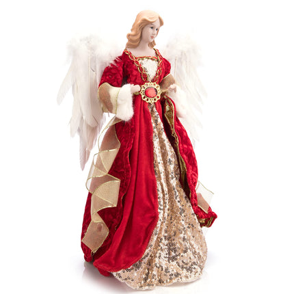 Redrubbit 16 inches Christmas Angel Tree Topper with Feather Wings in Luxury Red Velvet Sequin Dress, Christmas Treetop Flying Angel Winged Diva Fairy Goddess Figurine Holiday Ornament