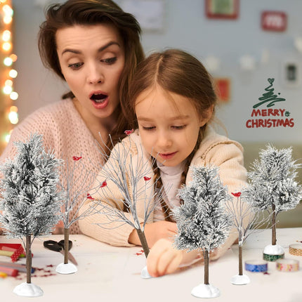 6 Pieces Christmas Village Trees Set, Village Bare Branch Trees Accessory Figurine, Snow Covered Village Trees for Christmas Tree Displays, Christmas Trees Decor with Cardinals (Elegant Style)