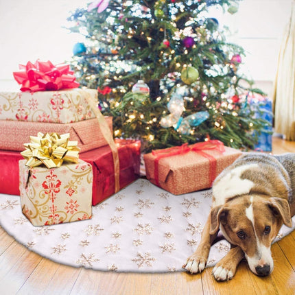 Christmas Tree Skirt 60 Inch, Gold Snowflake White Christmas Tree Decorations Indoor Sequin Tree Collar Faux Fur Plush Rug Xmas Large Mat Decor Ornaments for 4ft-9ft Tree
