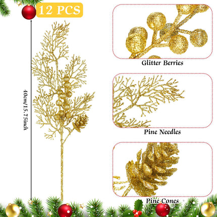Tigeen 12 Pcs Large Christmas Tree Picks Bulk Glitter Branches Berries Stems Decorations 15.75'' Christmas Twigs Filler Berry Picks for Vase Christmas Tree Ornaments (Gold)