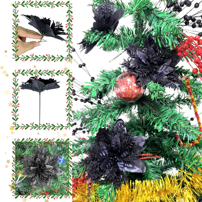 15 Pcs Christmas Flowers Artificial Poinsettia Flower Decorations with Clips and Stems, Glitter Christmas Poinsettia Decorations, Christmas Tree Ornaments for Party Wreath DIY（Black）