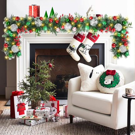 Beinhome Christmas Garland with Lights, 9 FT Pre-Lit Christmas Garland with Red Green Glitter Matte Ball Decorations for Home Front Door Stairs Table Centerpiece Fireplace Xmas Holiday Festival Decor