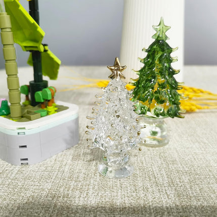 Crystal Christmas Tree Figurines with LED Light Wire, Glass Christmas Tree Figurine Home Decor, 2PCS Christmas Tree Statues Decor for Bedroom (Green+White)