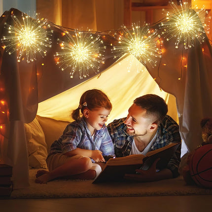 LetsFunny Fairy Lights Christmas Lights, LED DIY 8 Modes Dimmable Lights, Christmas Decorative Hanging Bursting Star Lights for Ceiling, Patio, Indoor Outdoor Decoration (120-Warmlight, 4 Pack)