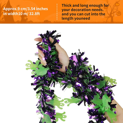 4 Pieces 32.8 Ft Halloween Ghost Tinsel Garland Green Purple Twist Garland Hanging Decorations for Halloween Holiday Birthday Party Supplies Indoor Outdoor Ornaments Home Decor