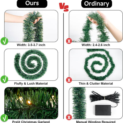 Ouddy Decor 19.7 Ft Lighted Christmas Garland Decorations, 60 Led Pre-lit Christmas Garland with Lights Battery Operated for Outdoor Indoor Party Home Winter Year Christmas Decor, Warm White