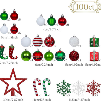 Valery Madelyn Christmas Tree Ornaments Set, 100ct Elf Red Green White Shatterproof Christmas Tree Decorations Bulk, Variety Decorative Hanging Ball Ornaments for Xmas Trees Holiday Party Decor