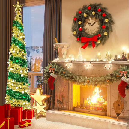 6FT Pop up Christmas Tree Collapsible Gold Green Tinsel Christmas Tree Slim Sequins Xmas Tree with Topper Star, Artificial Reusable Christmas Tree for Holiday Indoor Home Party Decor