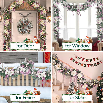 Christmas Garland - 5.9 Ft Christmas Garland for Mantle, Christmas Flocked Garlands with Magnolia Flower Christmas Balls Pink Gold Leaves for Outdoor Indoor Christmas Decor