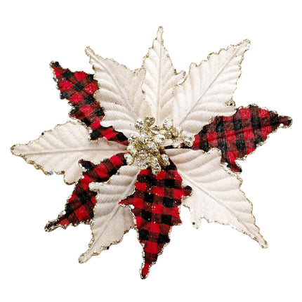 M2cbridge Large Christmas Poinsettia Glitter Foldable Christmas Flowers Floral Picks Stems for Christmas Tree Decorations Wedding Centerpiece (4pcs Buffalo Plaid)