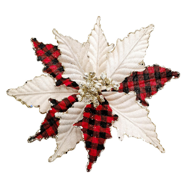 M2cbridge Large Christmas Poinsettia Glitter Foldable Christmas Flowers Floral Picks Stems for Christmas Tree Decorations Wedding Centerpiece (4pcs Buffalo Plaid)