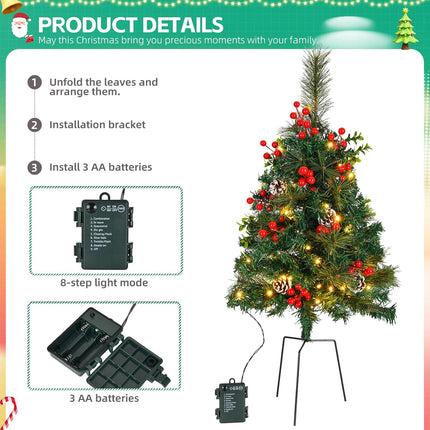 2 Pack 30 Inch Pre-Lit Pathway Christmas Trees, Artificial Christmas Tree Decorations with 50 LED Lights for Porch, Driveway, Yard, Garden, Battery Operated Holiday Decor with Red Berries, Pine Cones