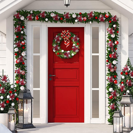 12 Pieces Christmas Buffalo Plaid Poinsettias 6.7 Inches Artificial Christmas Tree Ornaments Checked Xmas Flower with Bells for Rustic Christmas Tree Wreath Garland (Red Black)