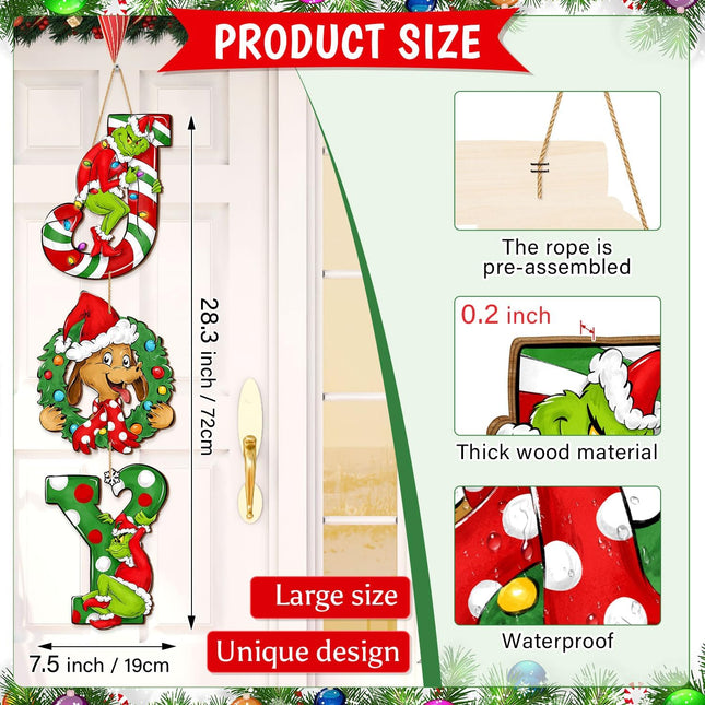Christmas Joy Door Sign Decorations Watercolor, Merry Grinchmas Dog Wreath for Front Door, Wooden Joy Ornaments Wall Sign Door Hanger for Xmas Party Winter Home Holiday Decor 3 Plaques Green