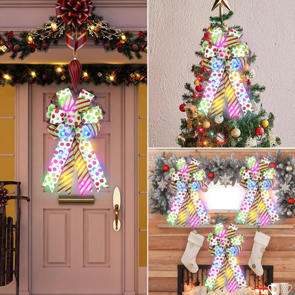 2 Pack Lighted Large Christmas Bow for Wreath Decor, Red Green Christmas Tree Topper Bows, Red Green Glitter Dot Bows for Wreath, 20x12 Inch Decorative Bows Light (Red Green Christmas)