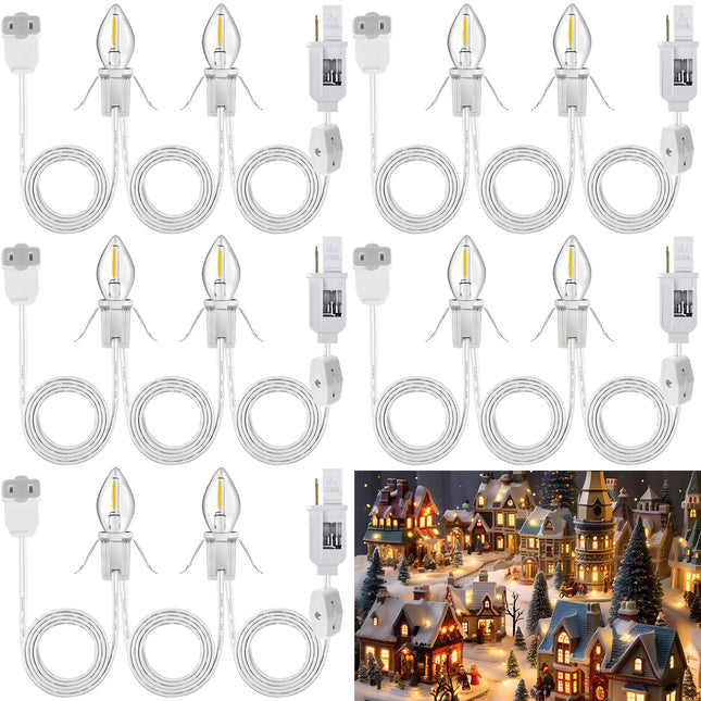 Meonum Accessory Cord with Two LED Bulbs, Blow Mold Christmas Village Light with Outlet and Plug, Double Spare Fuse C7 Light Bulb Christmas Village Accessories White Indoor String Lights (5 Pack)