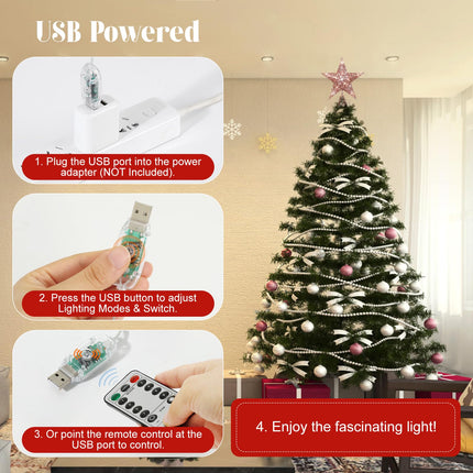 Lewondr Christmas Star Tree Topper, 11.4inch Sequins Xmas Tree Topper with 6H Timer & 8 Light Modes, Remote Control & USB Powered Star Treetop for Home Christmas Tree Decoration, 20 LED Bulbs, Pink