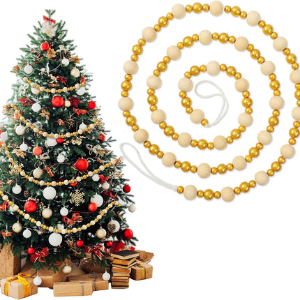67.2 Inch Christmas Bead Garland Wood Bead Garland for Christmas Tree Decorations Gold and White Wood Bead Garland Rustic Wooden Bead Garland for Farmhouse Table Wall Boho Hanging Ornaments