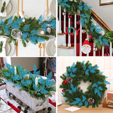 Christmas Artificial Pine Needles Stems 17.3In Glitter Branches Pine Leaves Picks Christmas Tree Filler Branches Fake Floral Twig Stems for DIY Garland Flower Home Wreaths Holiday Winter Decor(Blue)