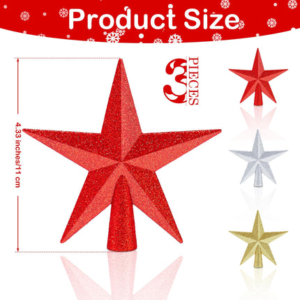 Aneco 3 Pack 4 Inches Glittered Mini Star Christmas Tree Topper Star Treetop for Small Christmas Tree Ornaments, Gold, Silver and Red