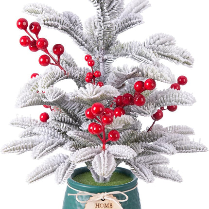 Small Christmas Tree Artificial Mini Tabletop Christmas Tree for Xmas Decor, Pine Greenery with Snow Red Berry Holiday Ornaments Indoor, for Friends Family
