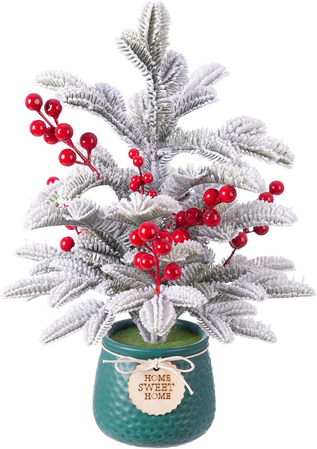 Small Christmas Tree Artificial Mini Tabletop Christmas Tree for Xmas Decor, Pine Greenery with Snow Red Berry Holiday Ornaments Indoor, for Friends Family