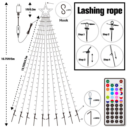 Flacchi Christmas Lights Outdoor with ‎Remote -16.7Ft 504 LED Waterfall Tree Decoration Lights RGB Star String Lights for Tree Yard Exterior Wall Housetop Window Holiday Decor