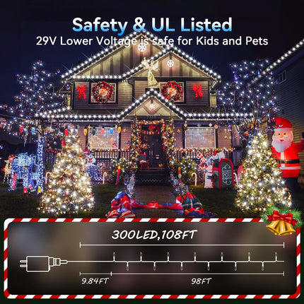 Hezbjiti 300LED 108FT Christmas Lights Outdoor, 8 Modes Fairy Lights with Timer and Dimmable IP44 Waterproof Plug in LED String Lights for Xmas House Yard Fence Tree Decorations (Cold White)