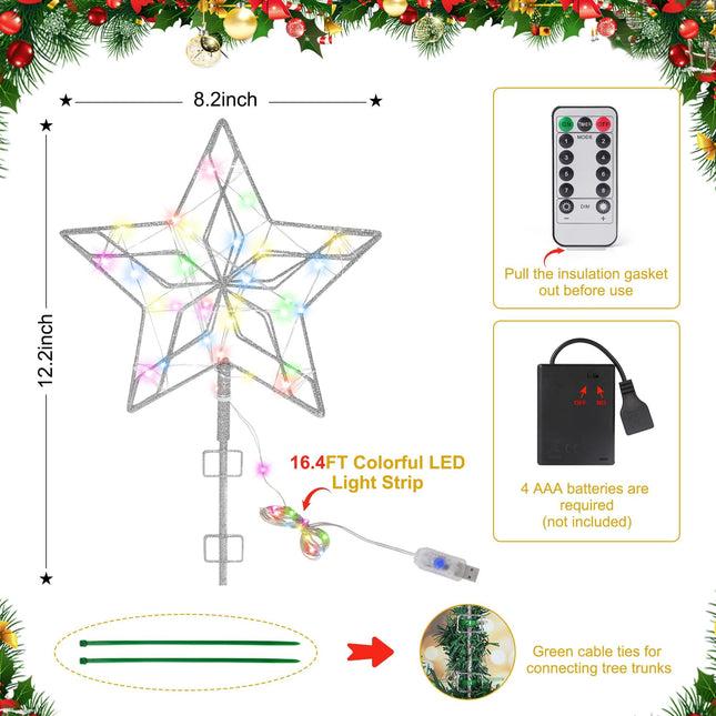 Christmas Tree Star Topper with 50 Colorful Lights,Glitter Silver Hollow Star Tree Topper,Exquisite Metal Tree Topper Star for Christmas,Xmas Party Decors, Year,Holiday Decorations,Party Supplies